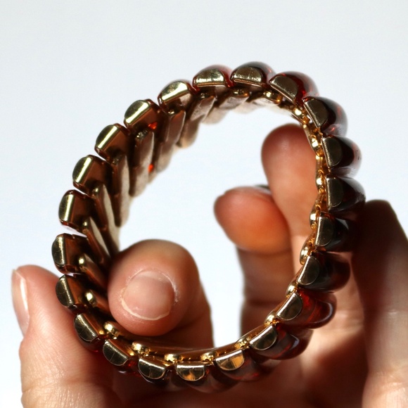 Vintage Faux Amber Expandable Stretch Bracelet Gold Tone Metal Fall - Picture 5 of 6